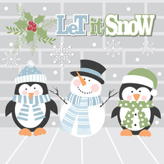 Wall Mural - Christmas card design with snowman and penguin