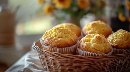 A basket of freshly baked cornbread muffins, with a warm, golden crust and soft center.