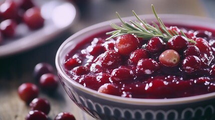 A bowl of glistening cranberry sauce with whole berries, garnished with a sprig of rosemary.