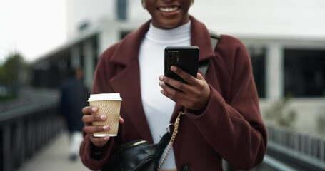 Poster - Black woman, business and happy on bride with smartphone for email notification in Atlanta. Female person, employee and smile in city as property developer for communication, connection or networking