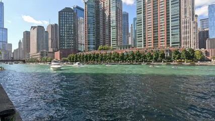 Wall Mural - footage of the Chicago river with boats and yachts sailing, people eating, hotels, office buildings and skyscrapers, lush green trees and blue sky in Chicago Illinois USA