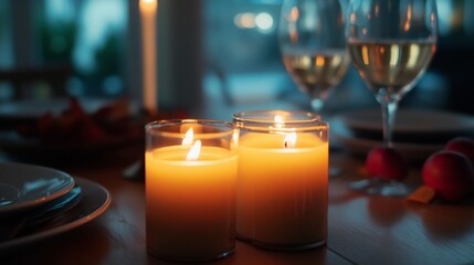 A close-up of autumn-scented candles burning on a Thanksgiving table, casting a warm glow over the room