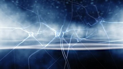 Poster - flickering nerve cells on blurred dark blue background.