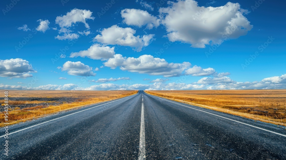 Open road stretching to the horizon under a bright blue sky with white ...