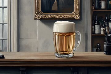 Wall Mural - glass of beer on wooden table