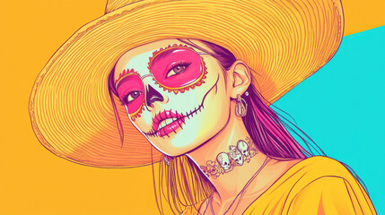 Wall Mural - Person with sugar skull makeup. Bright, pop art style modern illustration. Concept of day of dead celebration and mexican culture tradition