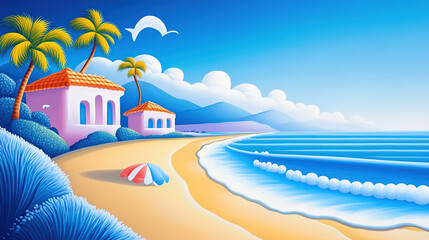 A vibrant illustration of a peaceful beach scene with two houses, palm trees, a beach umbrella, blue water, and a clear blue sky.