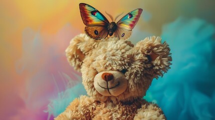 Teddy bear with a moth isolated on colorful background