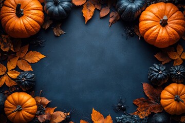 Wall Mural - Halloween frame with party decorations of pumpkins, bats, ghosts, spiders on blue background from above. Happy halloween card in flat lay style.