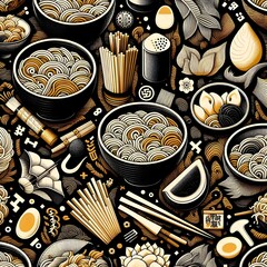 Stylish Asian Cuisine Noodle Pattern - Ramen Pasta Seamless Background for Oriental Menu