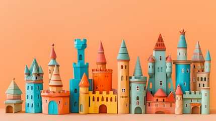 Toy castle set isolated on amber and peach background