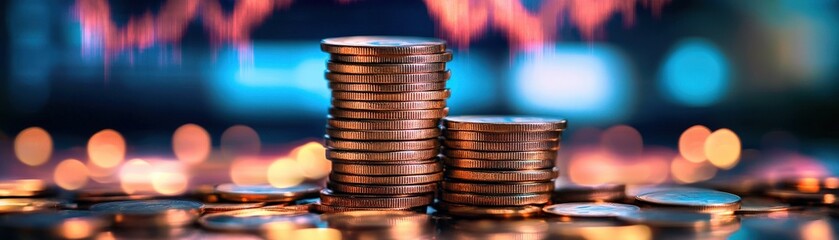 Close-up view of stacked coins on a blurred background, symbolizing wealth and finance, ideal for business and economic themes.