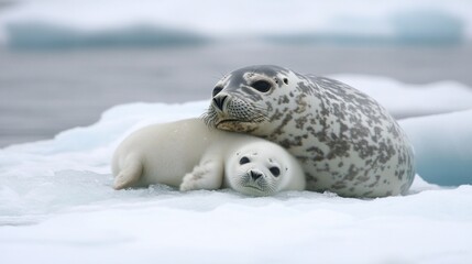 Canvas Print - Seal Pup Resting Beside Its Mother On Ice