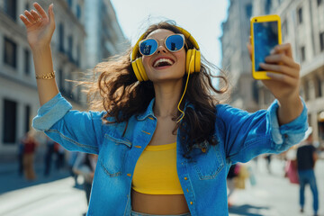 Canvas Print - A happy woman with a yellow mobile phone and headphones is dancing in the street while listening to music, wearing a blue shirt.