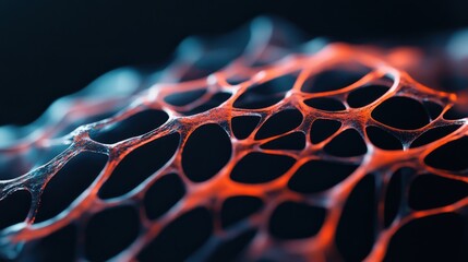 Abstract image showcasing intricate network structures with glowing orange and blue highlights. Ideal for science and technology themes.