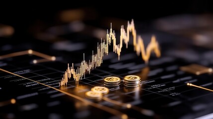 A close-up of a financial chart with a rising graph and gold coins, symbolizing investment and market growth.