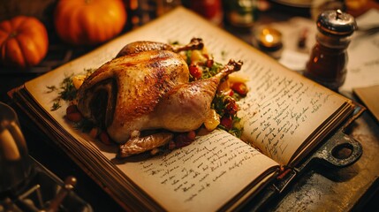 An old, treasured family recipe book with notes in the margins, opened to a favorite Thanksgiving dish.