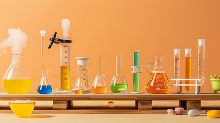 Toy science lab set isolated on amber and peach background