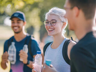 Canvas Print - Happy young women with friends running in a park and smiling while holding a sports bottle