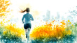 © wannapong - Joyful Jog: Watercolor Illustration of a Woman Celebrating Fitness and Wellbeing in a Park