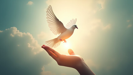 Wall Mural - Conceptual image of a dove flying in the air over a hand reaching for light