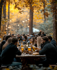 Wall Mural - Oktoberfest, people sitting down in traditional Bavarian costumes and drinking beer at a table. AI generative.