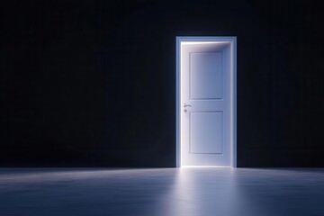 A partially open door illuminated from within, casting light in a dark room, symbolizing mystery and new opportunities.