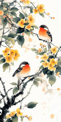 Wall Mural - Eastern style illustration, seated birds and yellow flowers. AI generative.