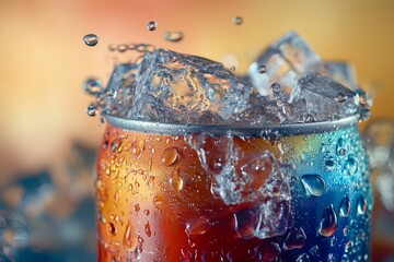 Wall Mural - Refreshing cold soda can with water droplets on ice cubes, with a splash of liquid and vivid colors, capturing summer and thirst-quenching appeal. 