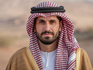 Portrait of a Bedouin man in traditional robe and keffiyeh, Middle East