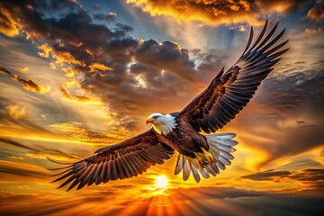 Majestic bald eagle in mid-flight, wings outstretched, set against a vibrant sunset background, with subtle brushstroke texture and warm, golden lighting.