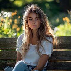 Wall Mural - woman sitting on a bench in the park