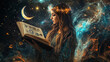 © Nata - a sorceress girl who studies a book with astrology