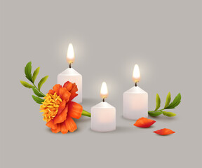 Wall Mural - Burning candles and marigold flowers. Festive composition for Diwali festival or Day Of Dead