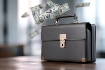 A stylish briefcase with floating dollar bills, symbolizing success and financial growth in a modern business environment.