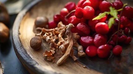 Wall Mural - Red Berries and Dried Mushrooms on Wooden Plate