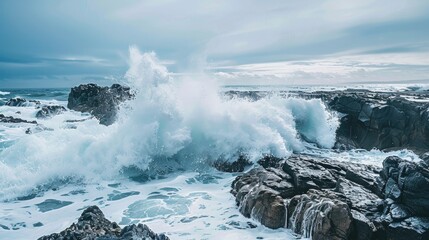 Poster - Waves crashing against rocky shore