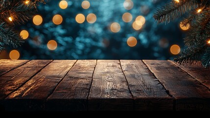 Rustic wooden table with blurred festive Christmas lights and tree branches, creating a cozy holiday atmosphere perfect for seasonal themes.