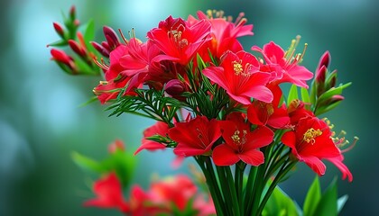 A bouquet of brightly colored red flowers, paired with green plants, with a blurred background, showing the beauty and vitality of nature.