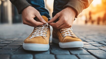 Shoelaces being tied on street