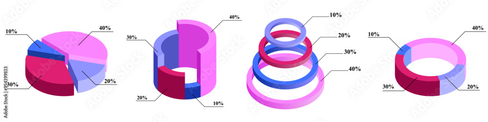 set of editable 3 dimension pie circular circle diagram infographics ...