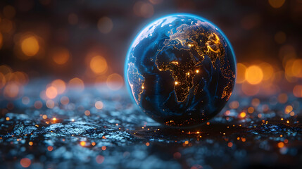 3D Earth Globe with City Lights and Bokeh Background