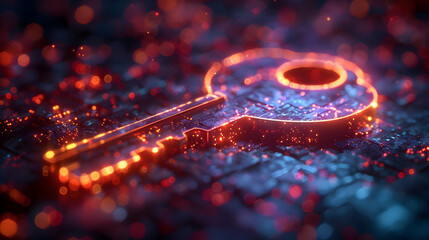 Wall Mural - 3D Illustration of a Glowing Key on a Circuit Board Background