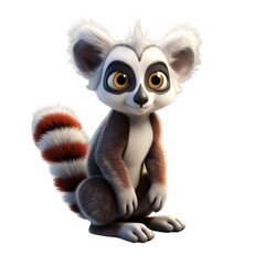 A cute cartoon lemur with big eyes and a fluffy tail sits on a black background.