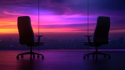 Silhouette of two office chairs against a vibrant sunset backdrop, symbolizing collaboration and new beginnings in the workplace.