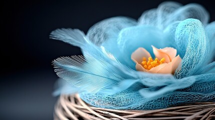 Poster -   A close-up image of a blue flower in a woven basket with a feather adorning its center