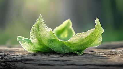 Wall Mural -   A focused image of a lush green foliage resting atop a wooden surface, surrounded by an out-of-focus background of towering trees