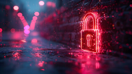 Wall Mural - Neon Glowing Lock 3D Illustration