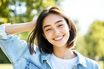 Wall Mural - Australian woman in casual shirt smile arm on head at sunny park