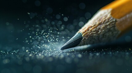 07231249 247. Detailed shot of an eraser tip on a pencil with fine eraser dust particles spread out on a chalkboard surface, highlighting the texture and the idea of correcting errors